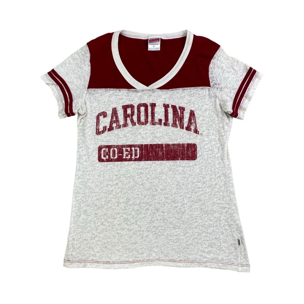 Carolina USC T-Shirt Soffe Juniors XL Co-Ed Burnout‎ Graphic Garnet White V-Neck